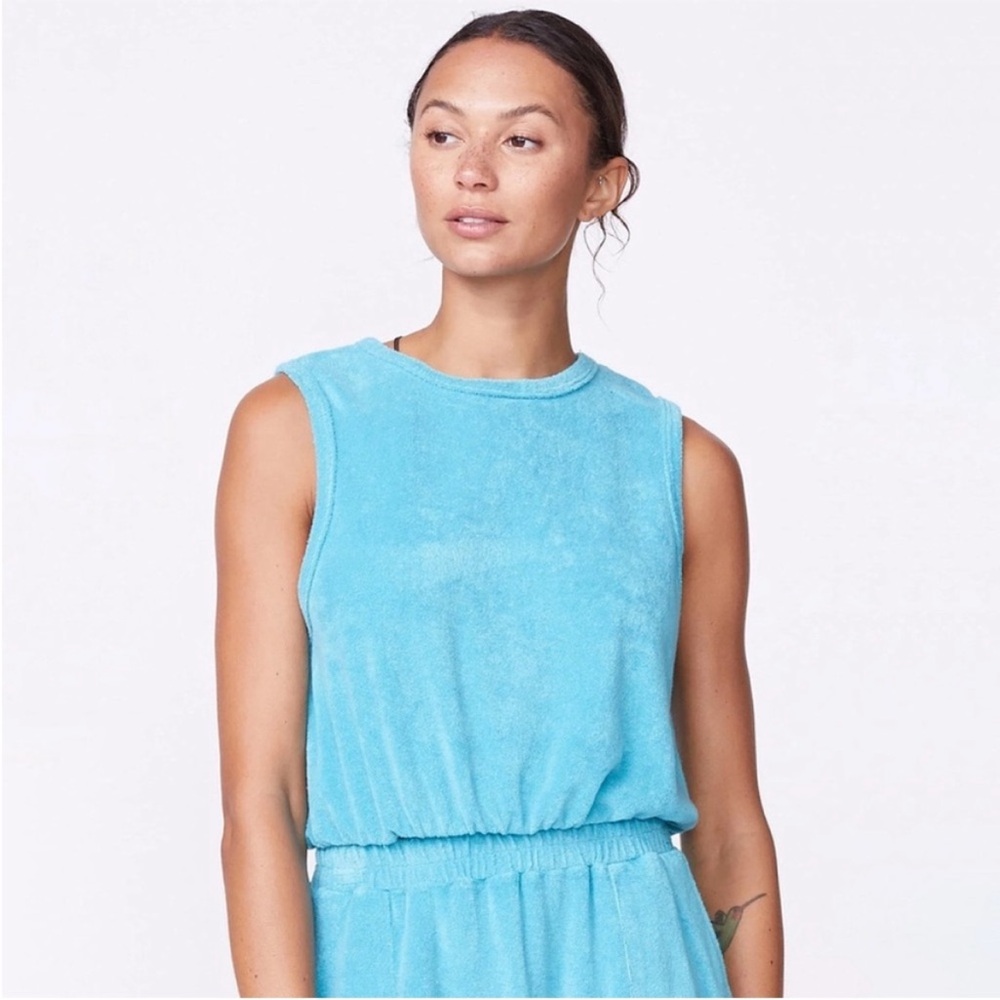 Monrow Terry Cloth Cropped Sleeveless Tank Top Sky Blue Size XXS
